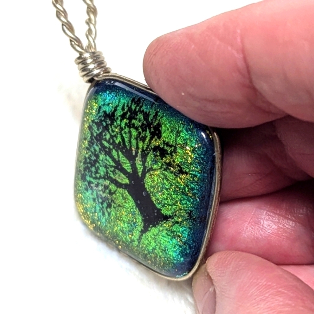 Artisan Made Dichroic Glass Tree Of Life Pendant Wrapped In Sterling Wire - Picture 3 of 9